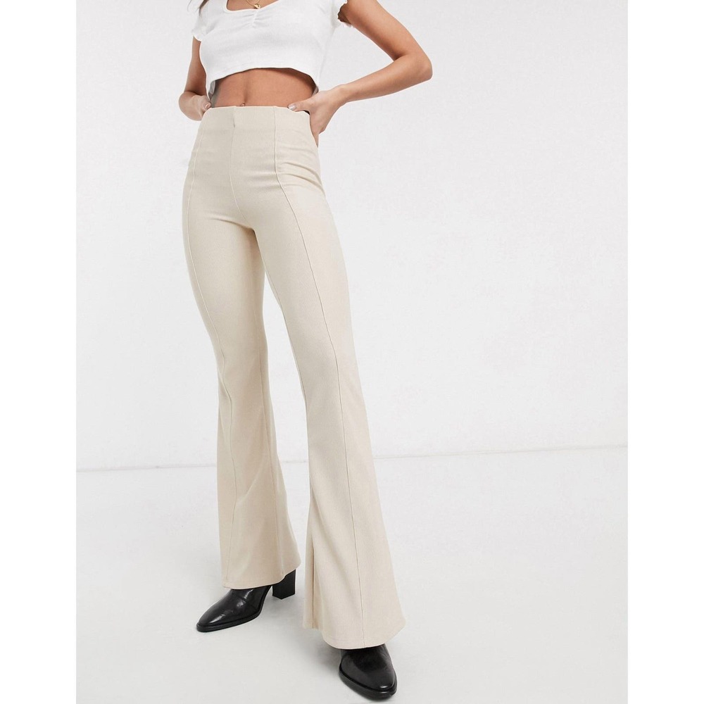 (Worn Once) Bershka Cream Ribbed Boot Cut High-Waist Pants